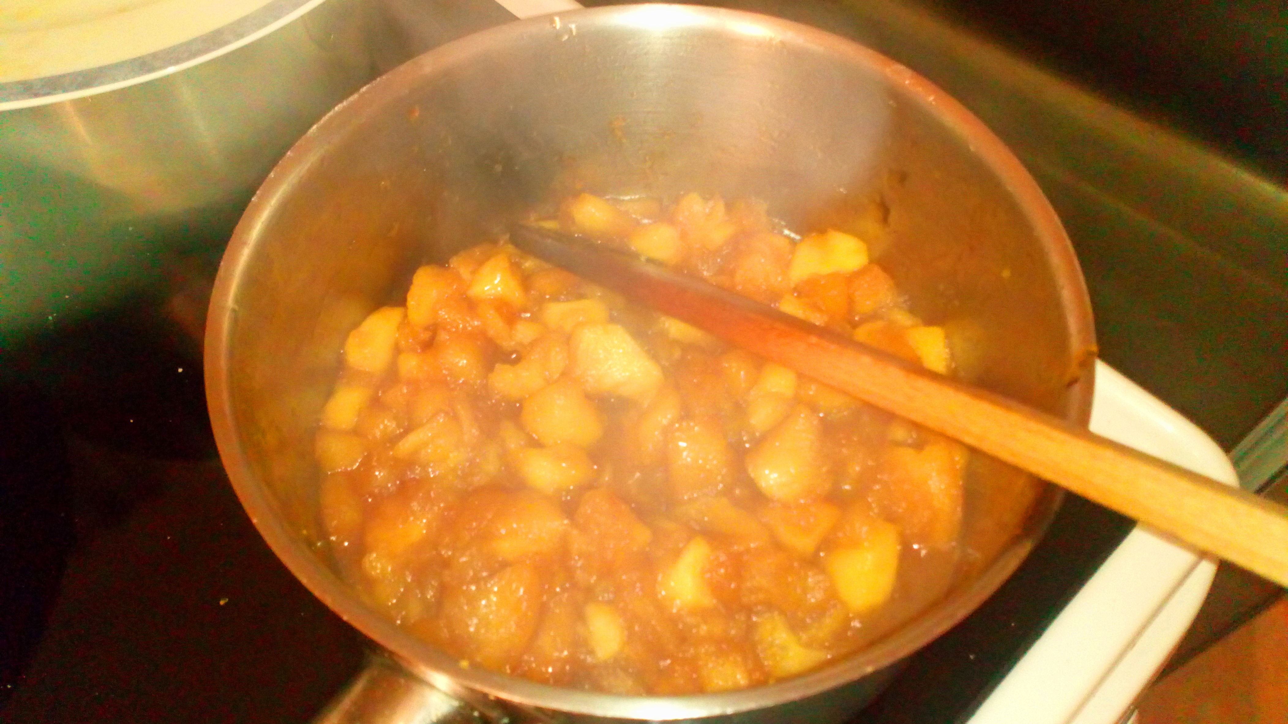 Ajouter une petite pincée de cannelle. Et laisser cuire 20 minutes environ. en remuant souvent. Add a pinch of cinnamon powder and let cook during 20 minutes stir oftenly .