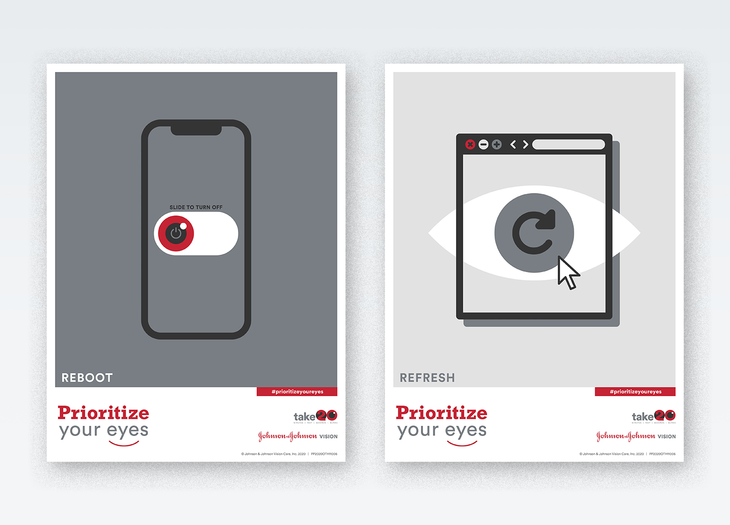 Two layout designs for Prioritize Your Eyes ad campaign