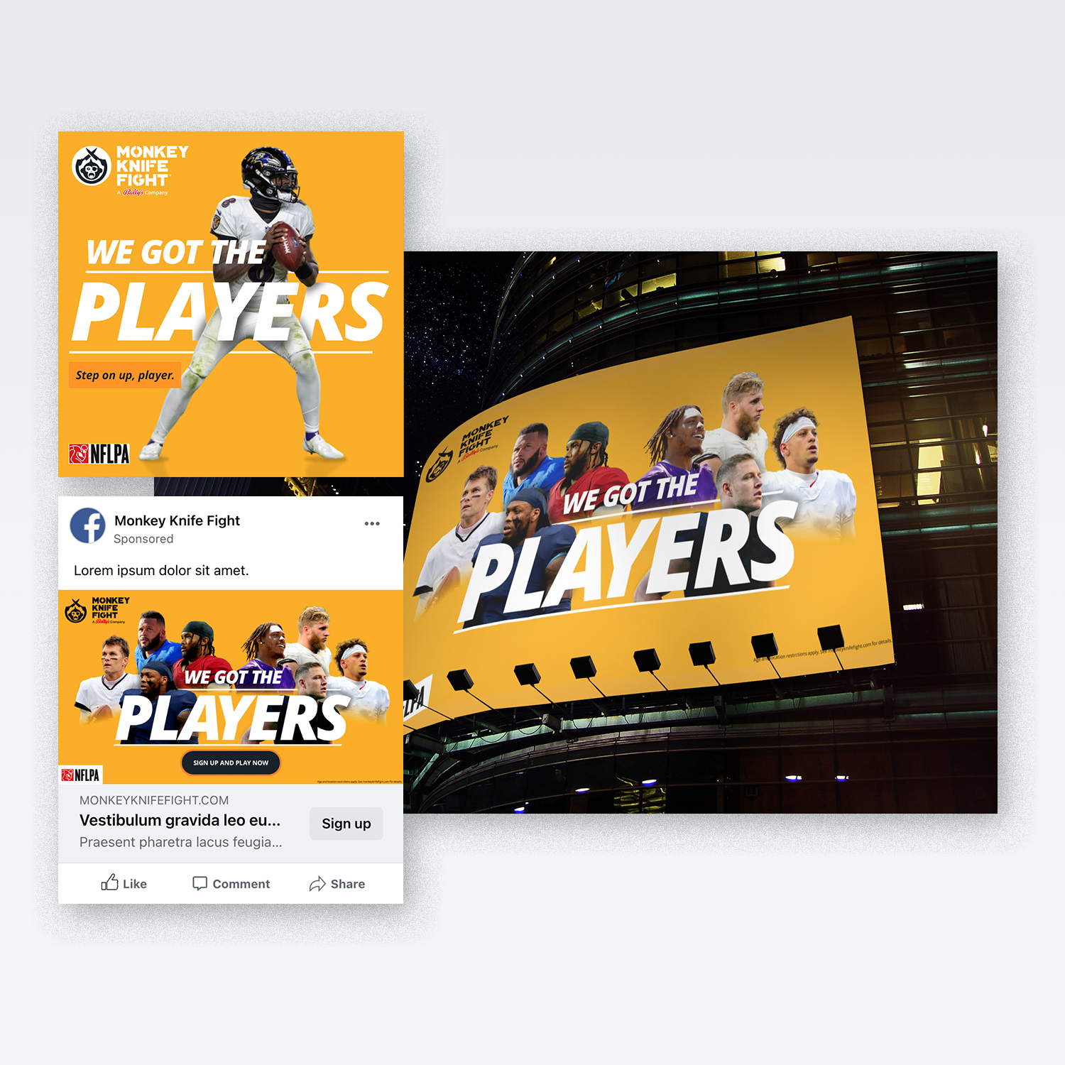 Monkey Knife Fight banner images featuring NFL players