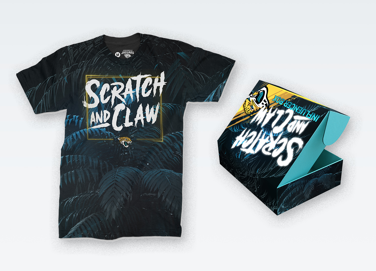 T-shirt and packaging mockups for Jaguars Scratch and Claw