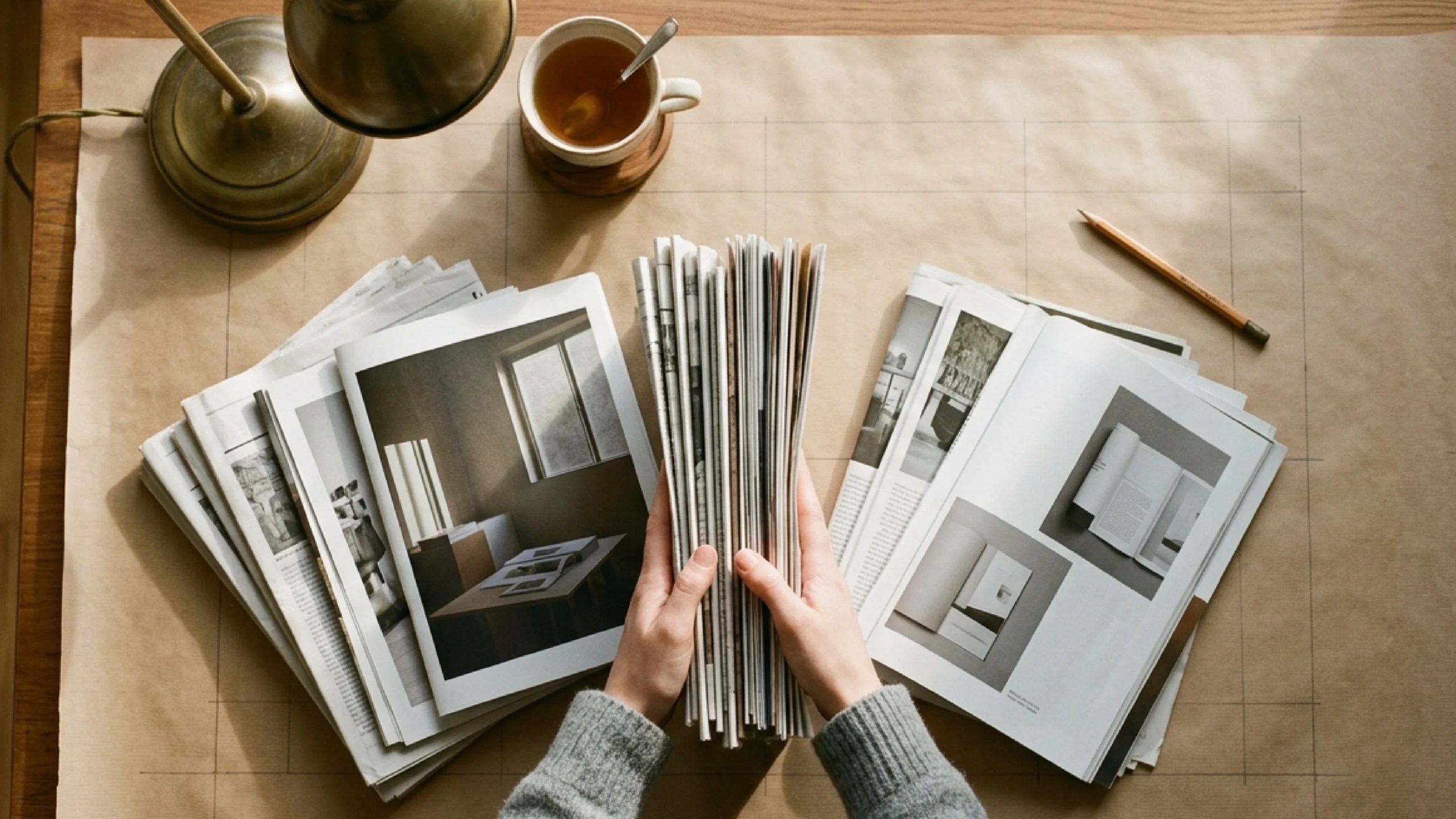 Hands gathering four stacks of newspapers and magazines into one consolidated stack on a wooden desk, lit by warm side light.