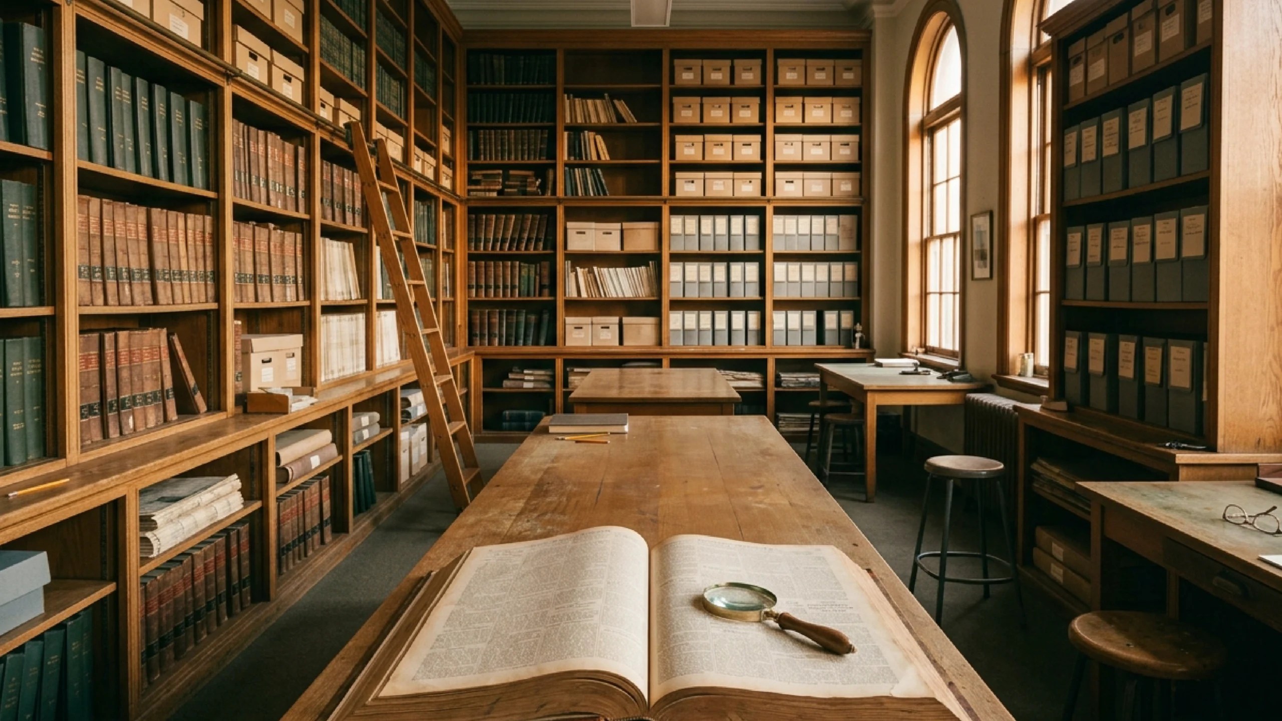 A beautifully organised newsroom archive with oak shelves of bound newspaper volumes, a wooden reading table, and warm golden hour light through arched windows.