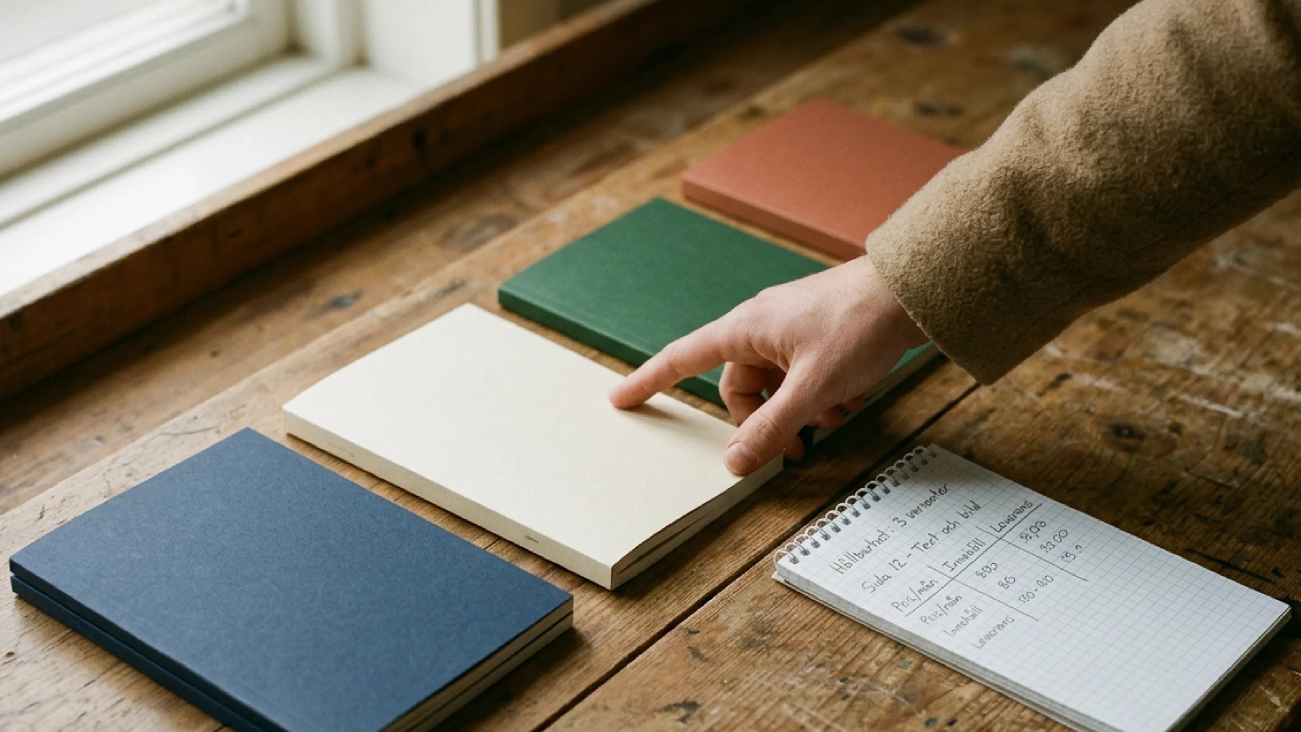 A hand reaching toward one of four coloured prospectus booklets laid out on a wooden workbench in soft natural light, with a handwritten comparison notepad beside them.