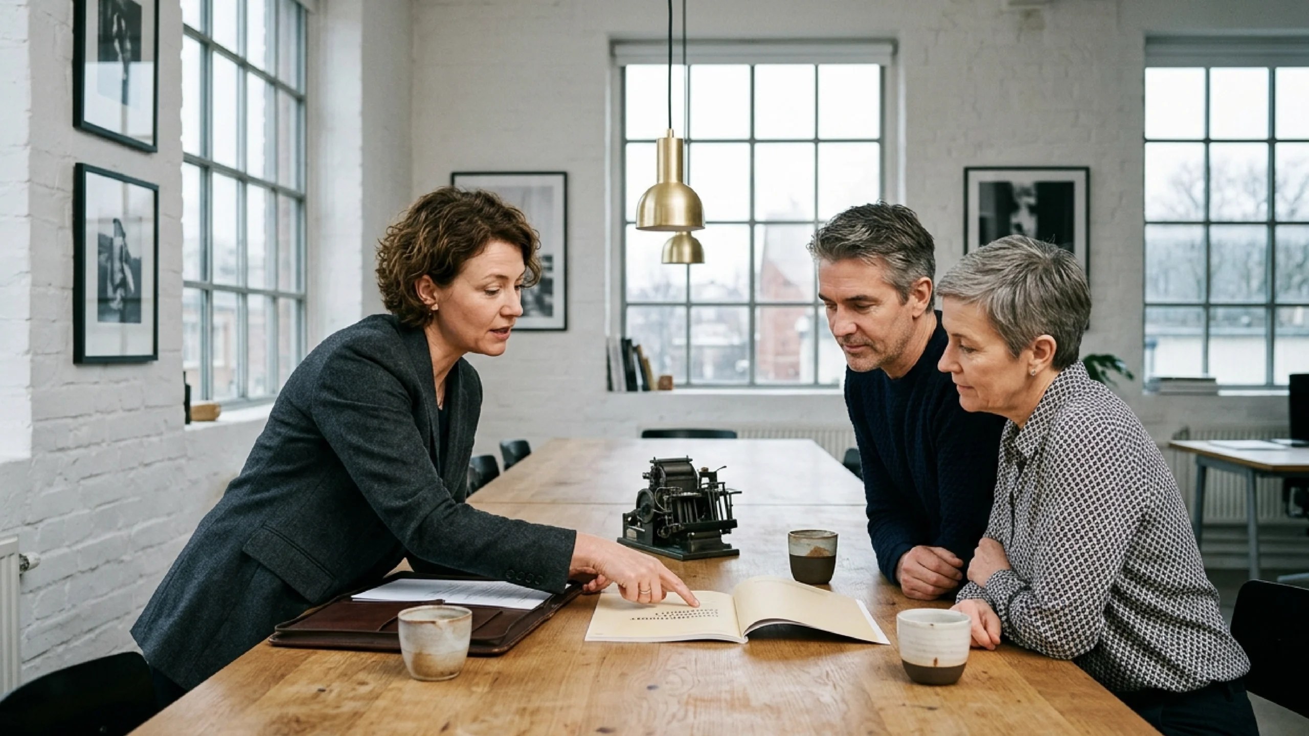 Three professionals in a Scandinavian office in Gothenburg, gathered around a long oak meeting table in calm conversation, lit by natural Nordic daylight.