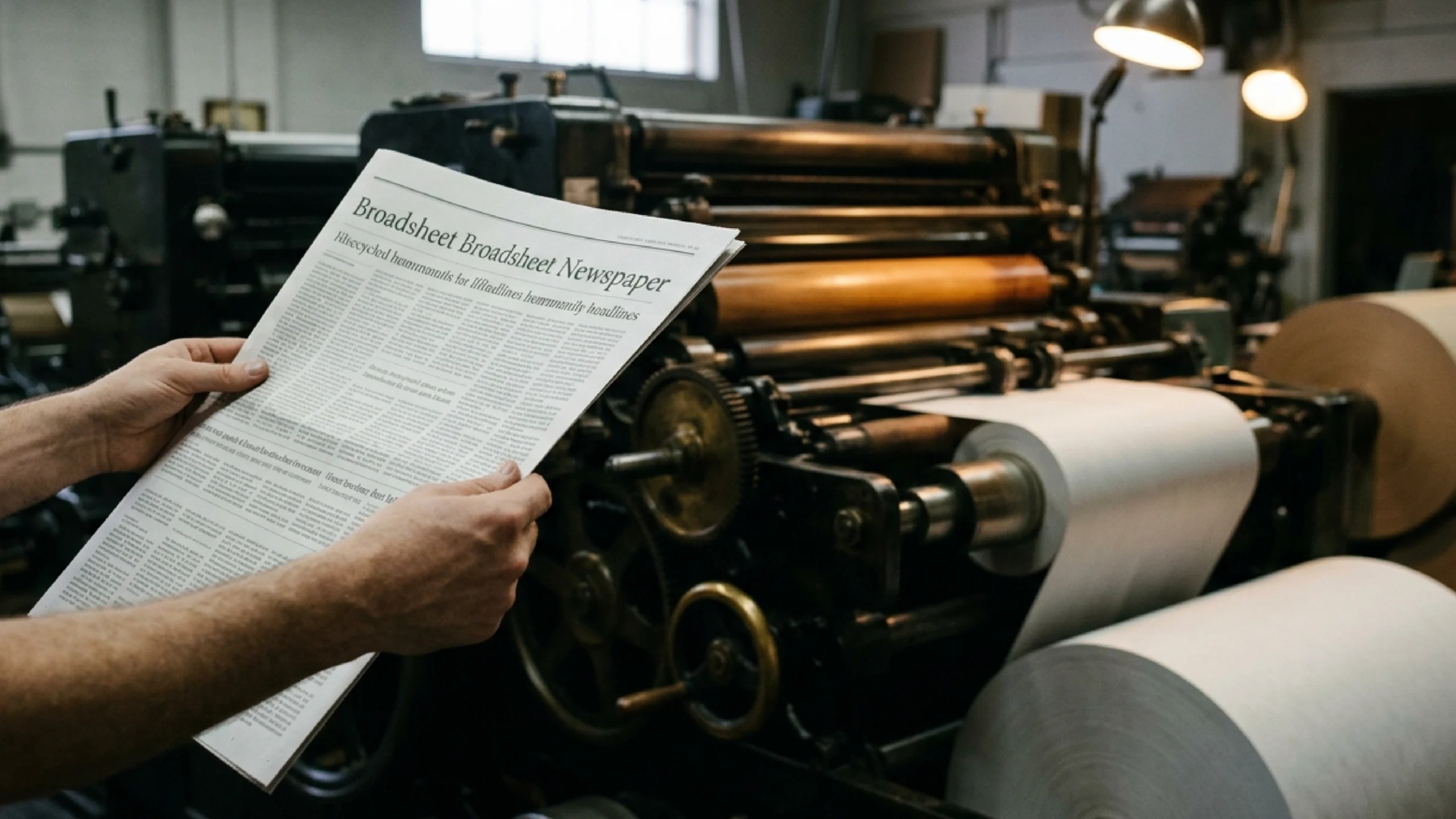 Two hands holding up a freshly printed broadsheet newspaper in early morning light inside a traditional print room, with a printing press visible in soft focus behind.