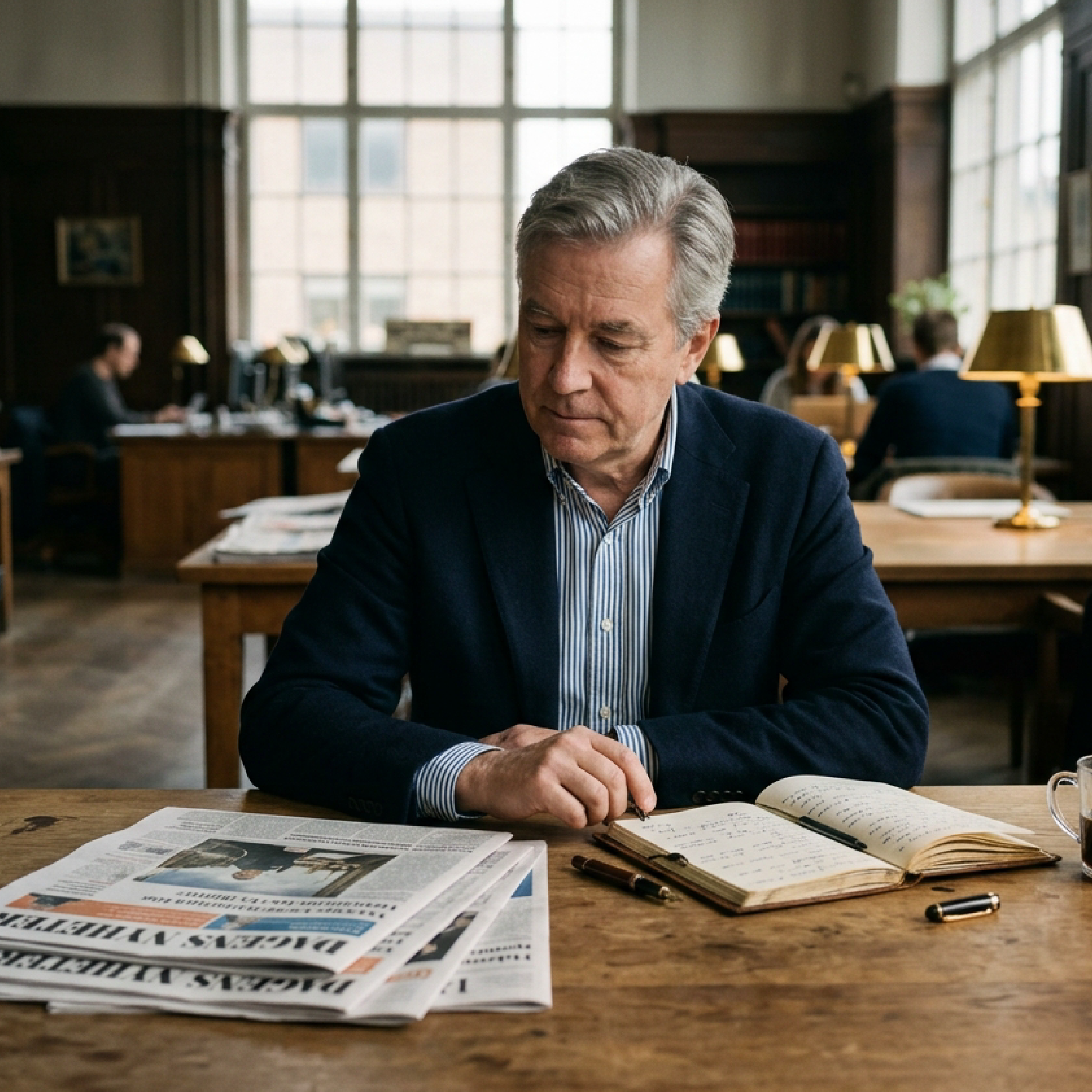A senior publishing executive at a wooden desk in a Nordic newsroom, surrounded by printed newspapers and a leather notebook, lit by late afternoon light through tall windows.