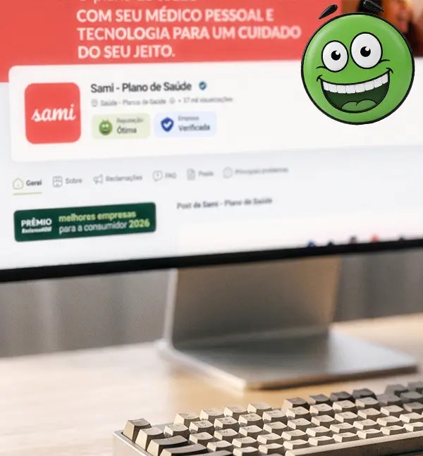 ela de computador exibe a página da Sami Saúde no Reclame Aqui com o selo verde de 'Reputação Ótima' e selo do Prêmio Melhores Empresas para o Consumidor 2026.
