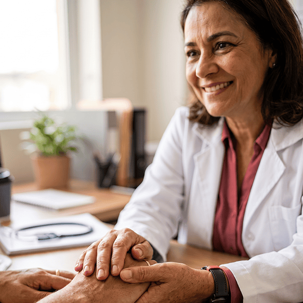 Médica de família de meia-idade vestindo jaleco branco sorri calorosamente enquanto segura com afeto e suporte a mão de um paciente sobre a mesa do consultório.