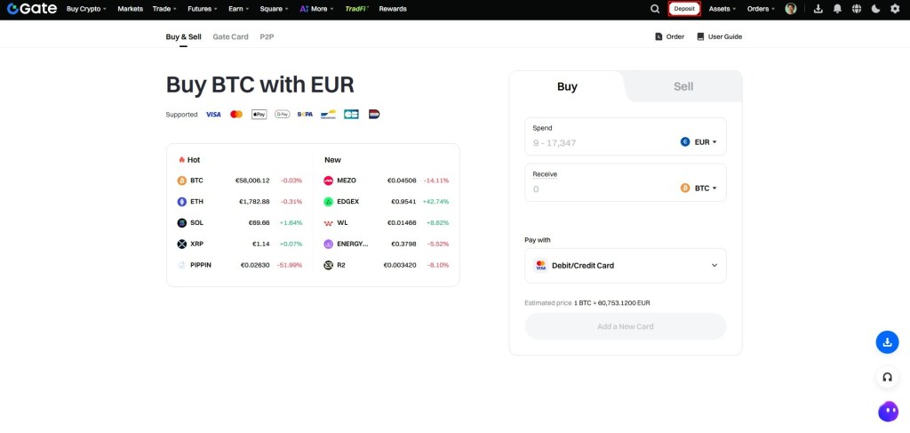 Ekran za kupovinu kriptovaluta na Gate.io mjenjačnici