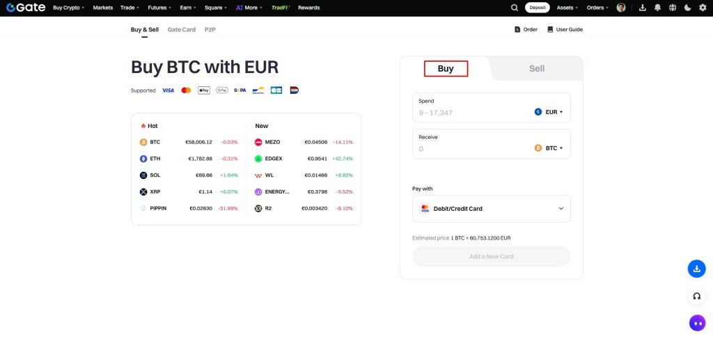 Odabir fiat valute i kriptovalute tokom kupovine na Gate.io mjenjačnici