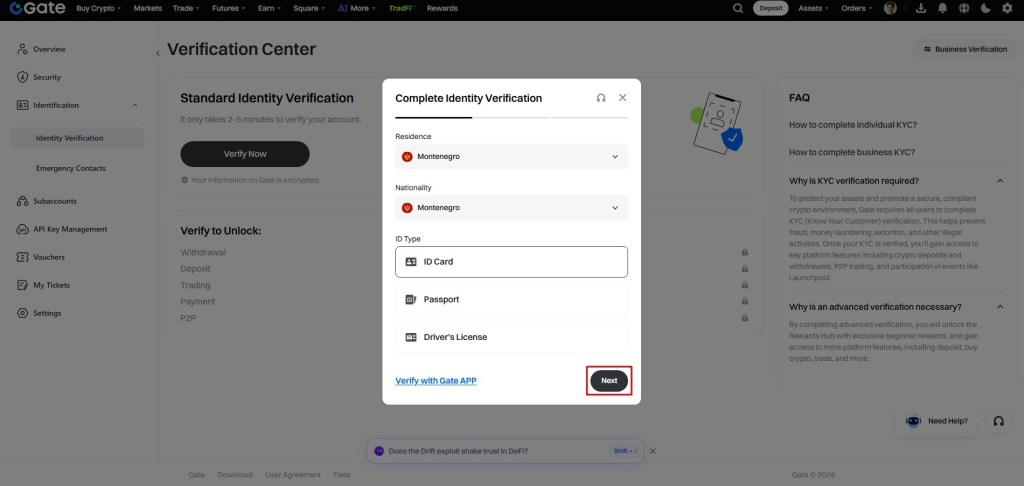 Ekran za odabir tipa ličnog dokumenta tokom verifikacije identiteta na Gate.io mjenjačnici