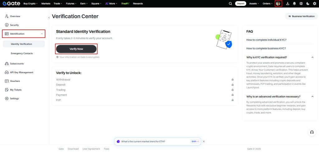 Ekran za započinjanje procesa verifikacije identiteta na Gate.io mjenjačnici