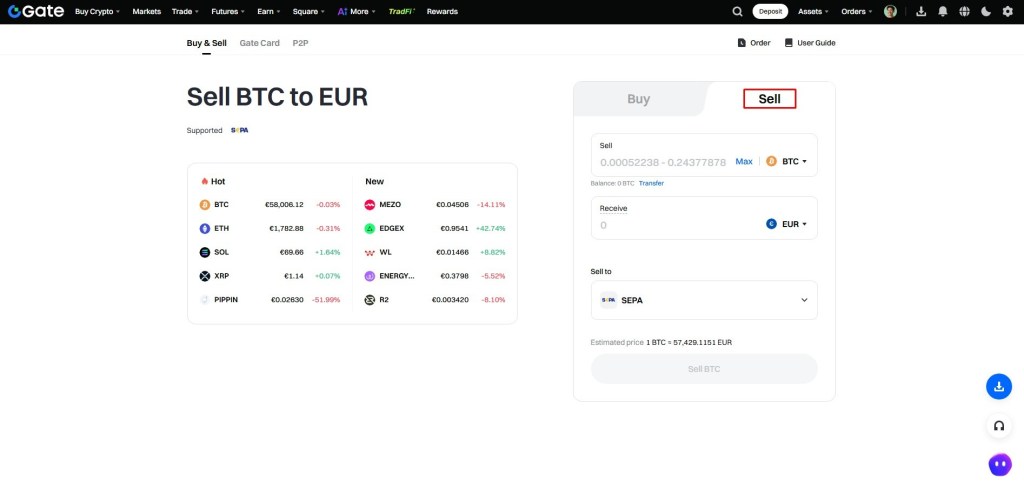 Ekran za prodaju kriptovaluta na Gate.io mjenjačnici