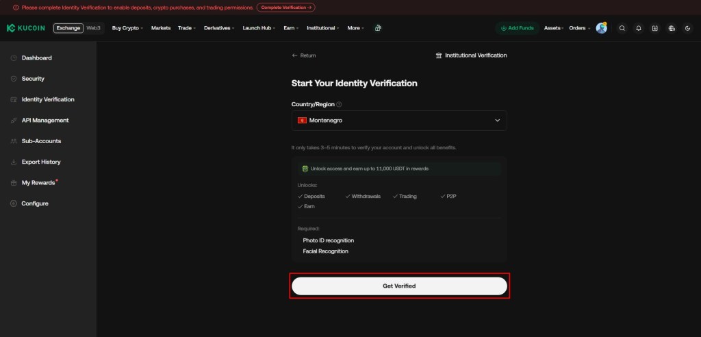 Ekran za započinjanje procesa verifikacije identiteta na KuCoin mjenjačnici