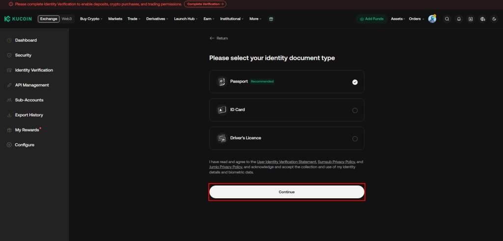 Odabir tipa dokumenta za verifikaciju identiteta na KuCoin mjenjačnici