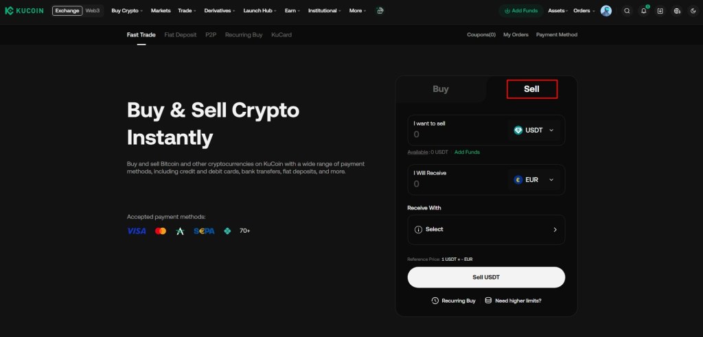 Pristupanje ekranu za prodaju kriptovaluta na KuCoin mjenjačnici