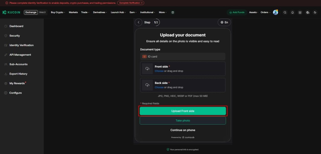 Polja za dostavljanje slika ličnog dokumenta na KuCoin mjenjačnici