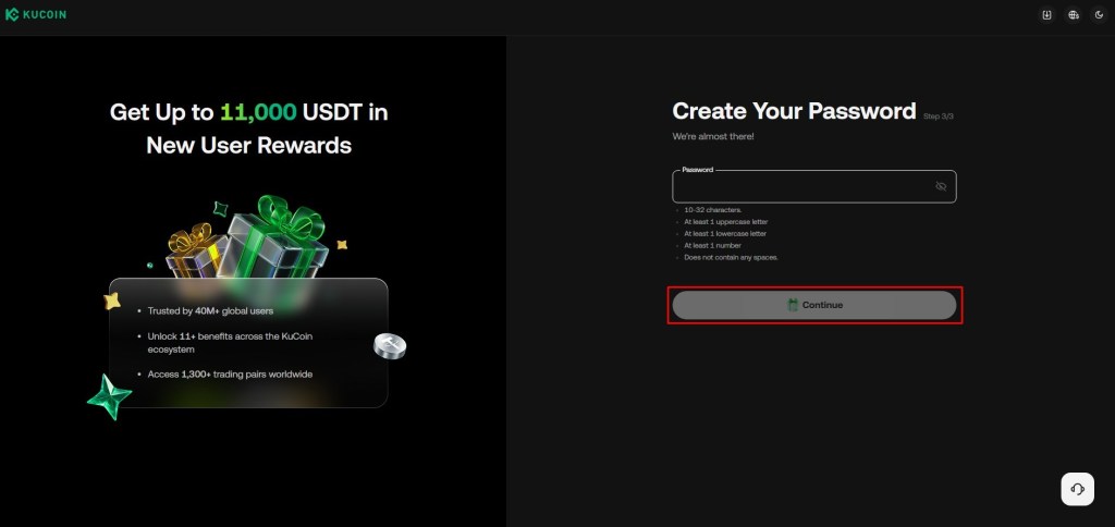 Polje za unošenje lozinke tokom registracije na KuCoin mjenjačnici