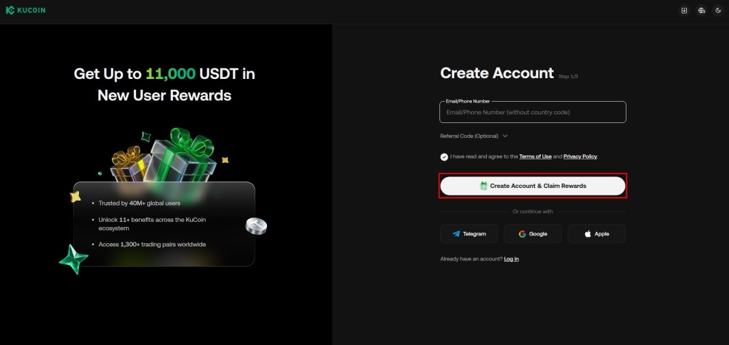 Polje za unošenje e-mail adrese ili broja mobilnog telefona prilikom registracije na KuCoin mjenjačnici