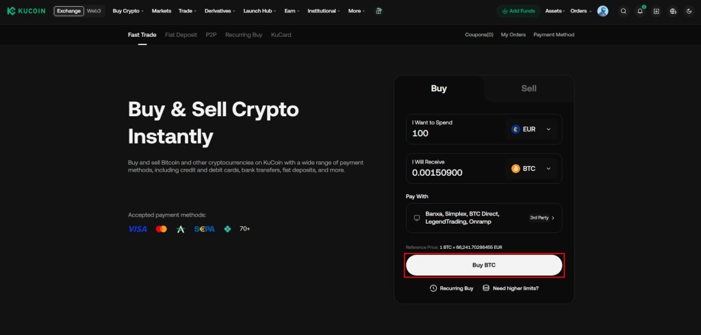 Polje za izvršavanje kupovine kriptovaluta na KuCoin mjenjačnici