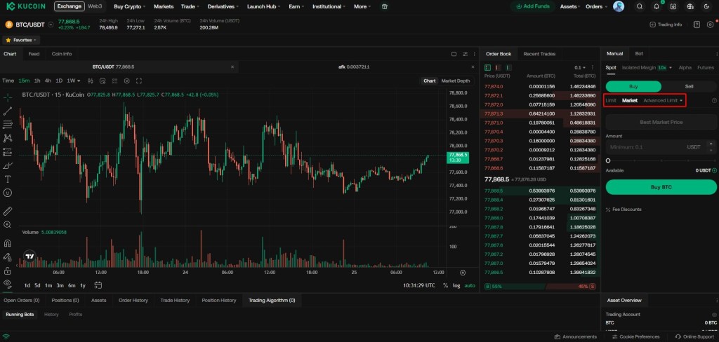 Odabir tipa trgovačkog naloga na KuCoin mjenjačnici