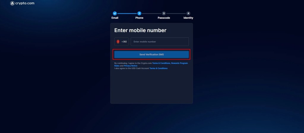 Polje za unošenje broja mobilnog telefona tokom registracije na Crypto.com mjenjačnici