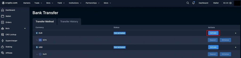 Polje za povezivanje bankovnog računa sa Crypto.com mjenjačnicom