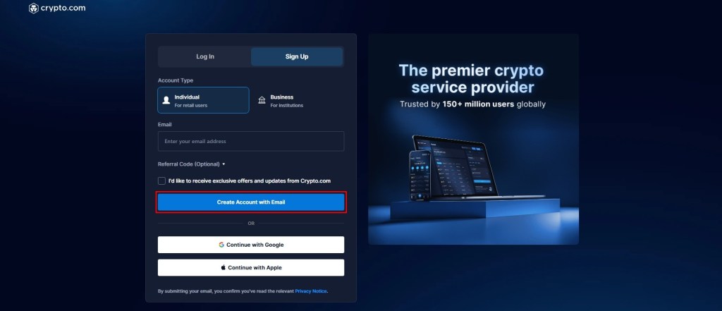 Ekran za registraciju na Crypto.com mjenjačnici sa poljem za unošenje e-mail adrese