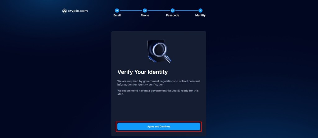 Ekran za započinjanje procesa verifikacije identiteta na Crypto.com mjenjačnici