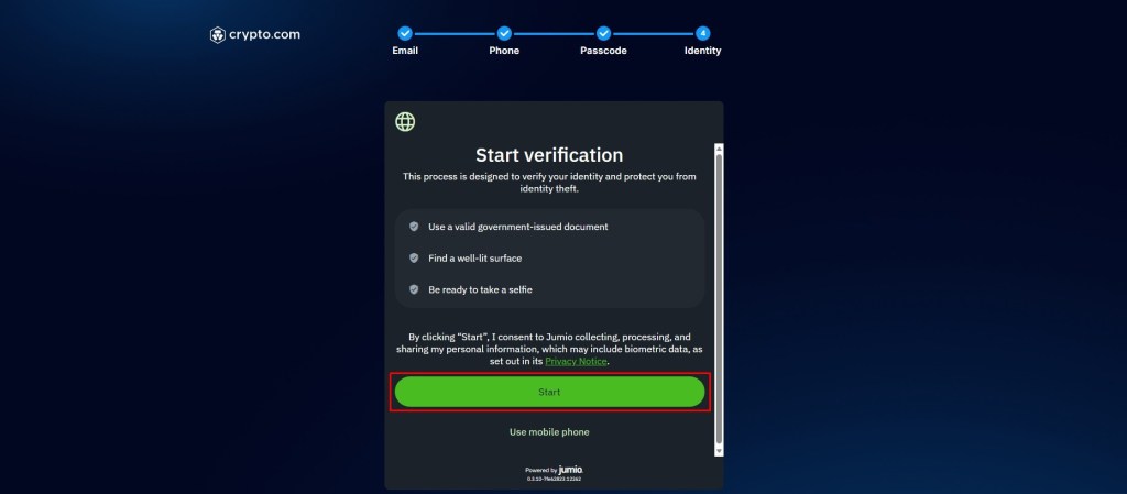 Polje za započinjanje procesa dostavljanja slika tokom verifikacije identiteta na Crypto.com mjenjačnici