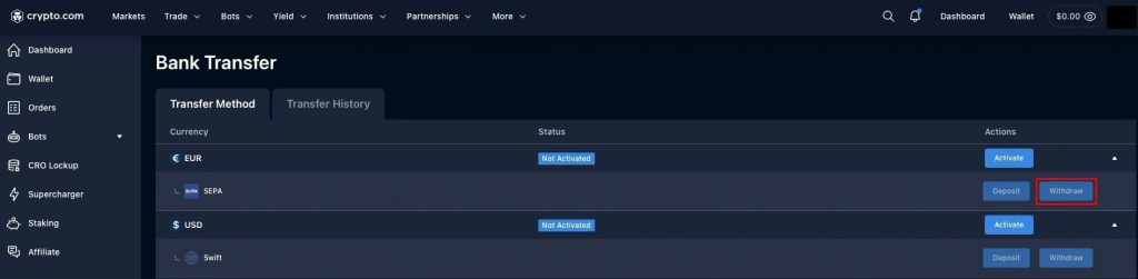 Polje za pristupanje opciji za povlačenje sredstava sa Crypto.com računa