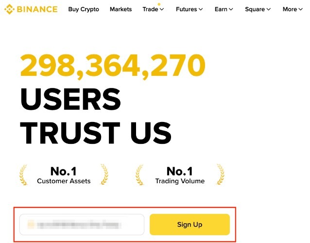 Polje za započinjanje procesa registracije na Binance mjenjačnici