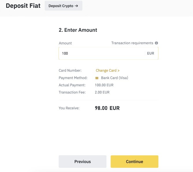 Unošenje iznosa tokom uplate sredstava na Binance mjenjačnici