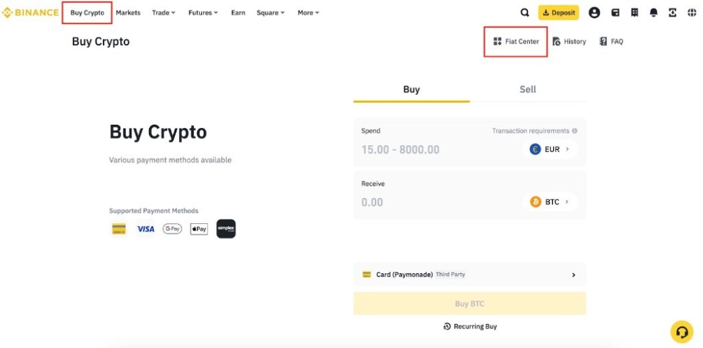 Pristupanje opciji za depozit sredstava na Binance mjenjačnici