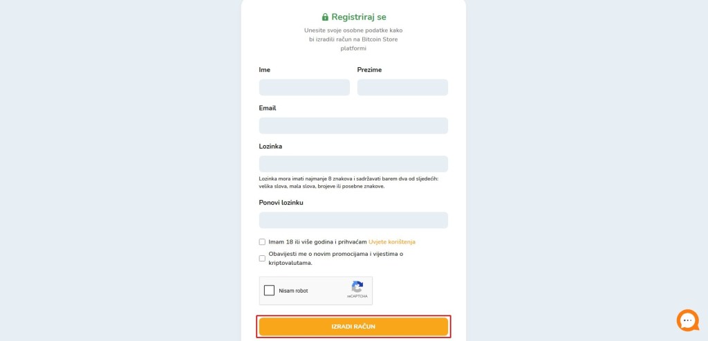 Formular za registraciju računa na Bitcoin Store mjenjačnici