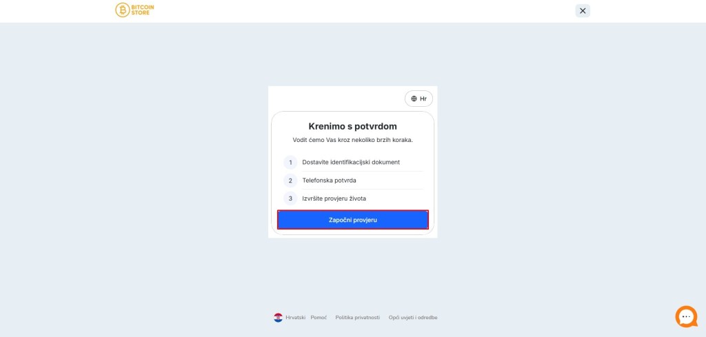 Polje za započinjanje procesa dostavljanja slika dokumenata na Bitcoin Store mjenjačnici