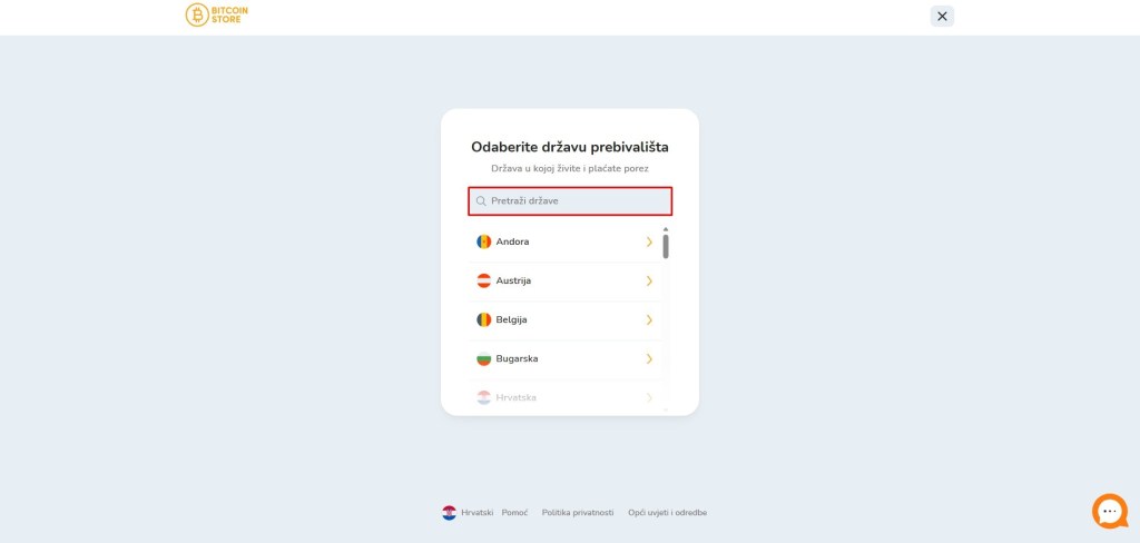 Ekran za odabir države prebivališta prilikom registracije računa na Bitcoin Store mjenjačnici