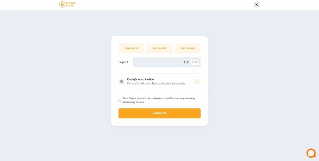 Ekran za unošenje iznosa tokom depozita sredstava na Bitcoin Store mjenjačnici