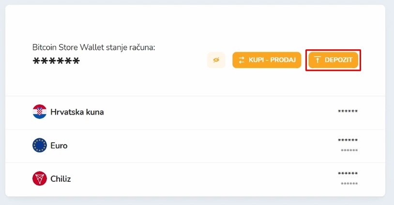 Pristupanje opciji za depozit sredstava na Bitcoin Store mjenjačnici