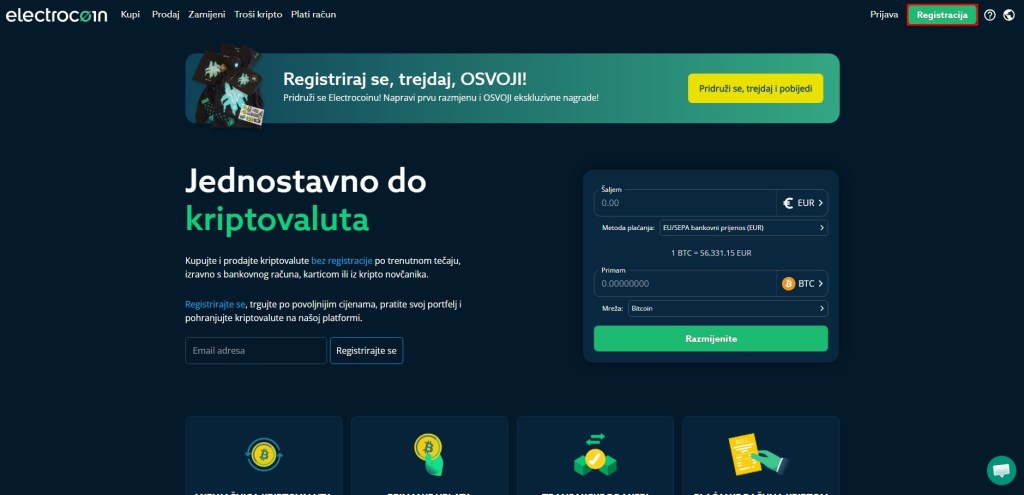 Početna stranica sajta Electrocoin mjenjačnice
