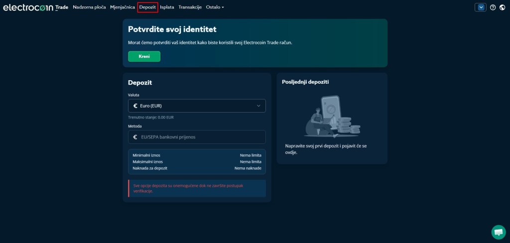Ekran za depozit sredstava na Electrocoin mjenjačnici