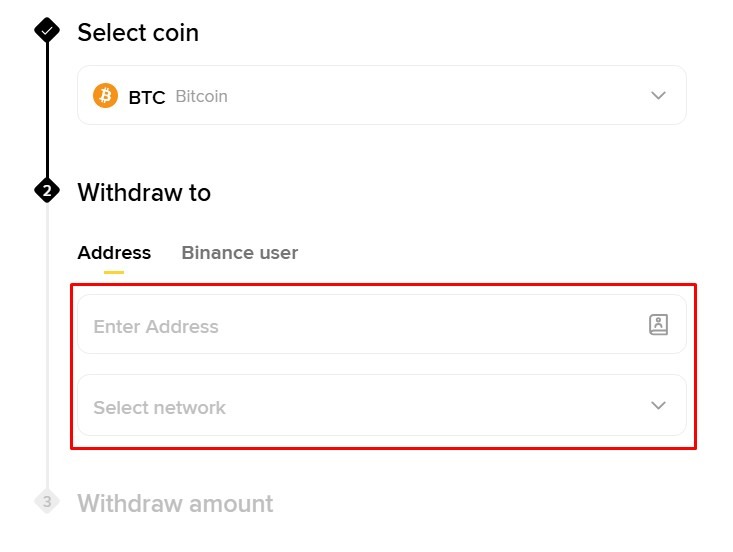 Polja za unošenje adrese na koju se šalju sredstva sa Binance računa