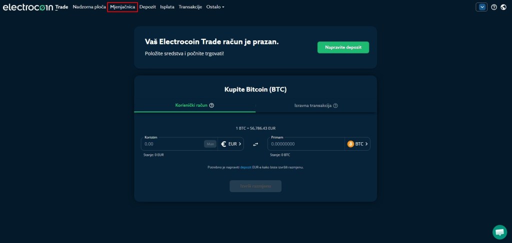 Ekran za kupovinu kriptovaluta sa fiat valutama na Electrocoin mjenjačnici