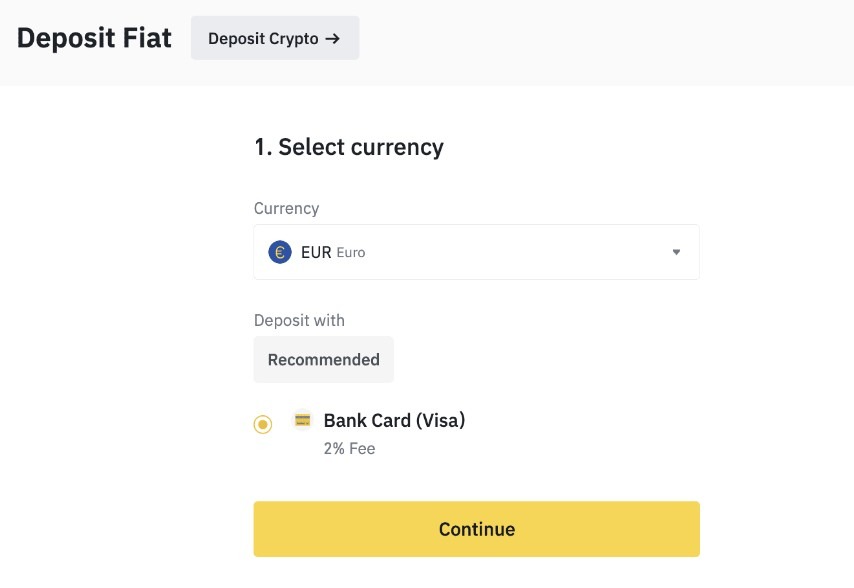 Odabir fiat valute za uplatu sredstava na Binance mjenjačnici