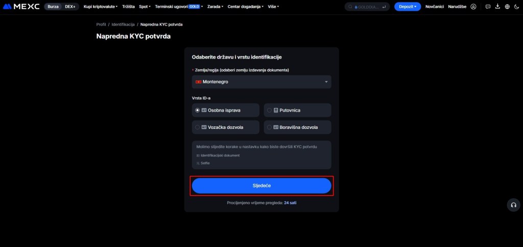 Polja za odabir zemlje korisnika i dokumenata za verifikaciju identiteta na MEXC mjenjačnici
