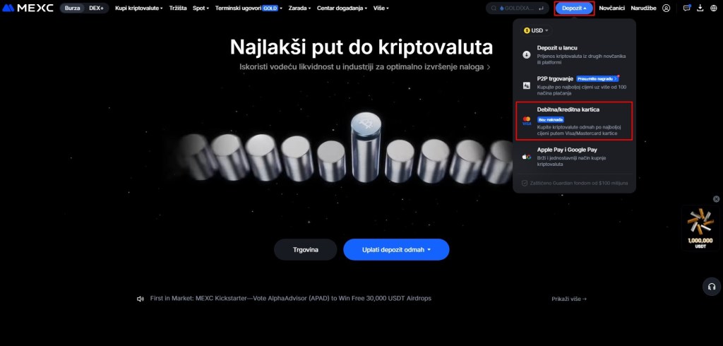 Pristupanje opciji za depozit sredstava na MEXC mjenjačnici