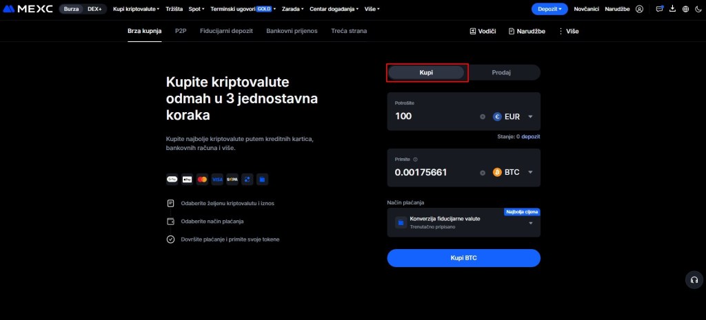 Polja za unošenje iznosa tokom kupovine kriptovaluta na MEXC mjenjačnici