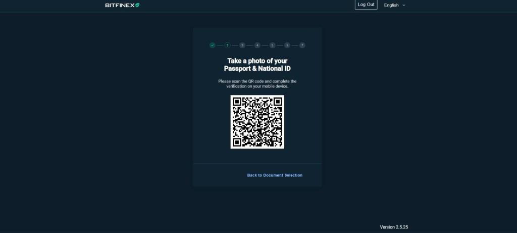 Prikaz QR koda za nastavljanje procesa verifikacije identiteta na Bitfinex mjenjačnici