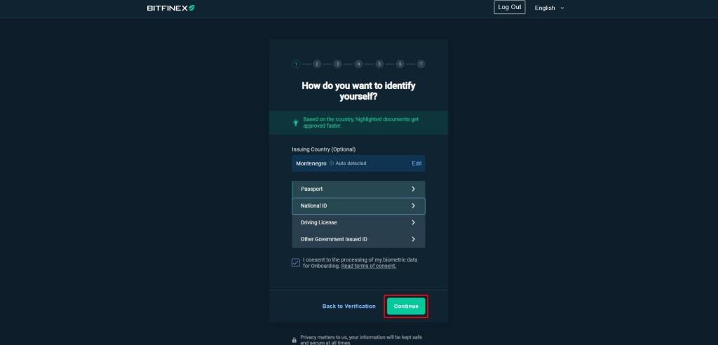 Odabir tipa ličnog dokumenta tokom verifikacije identiteta na Bitfinex mjenjačnici
