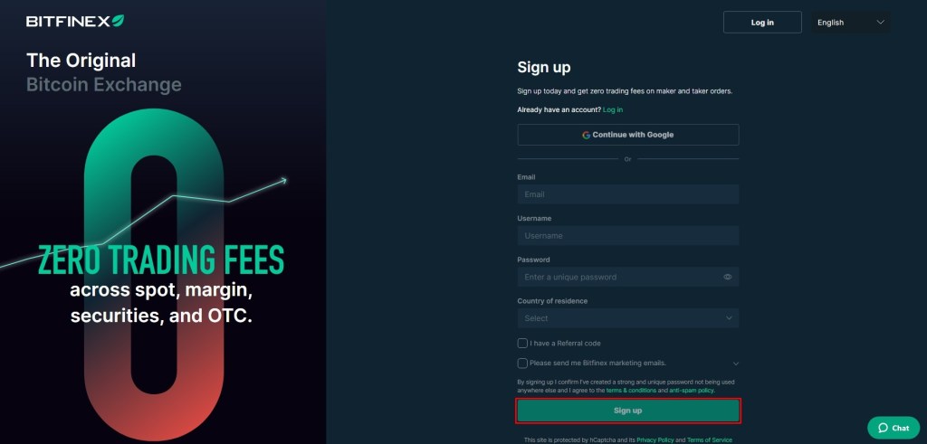Formular za registraciju računa na Bitfinex mjenjačnici
